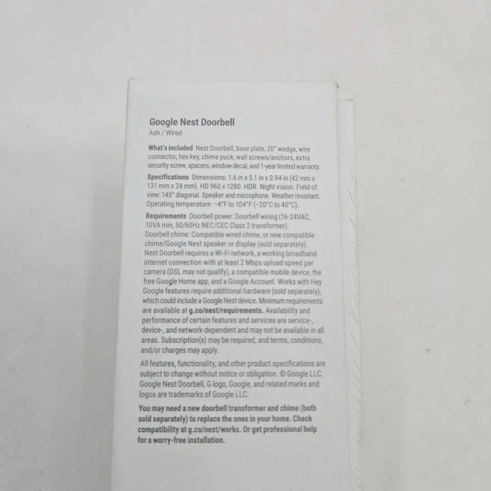 Google Nest Doorbell 2nd Generation Wired Smart Video Doorbell Ash GA03696-US